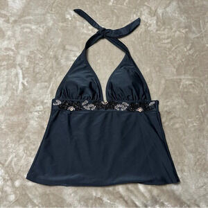 Hermanny by VIX Black Halter Tankini Top with Beadwork Size 8